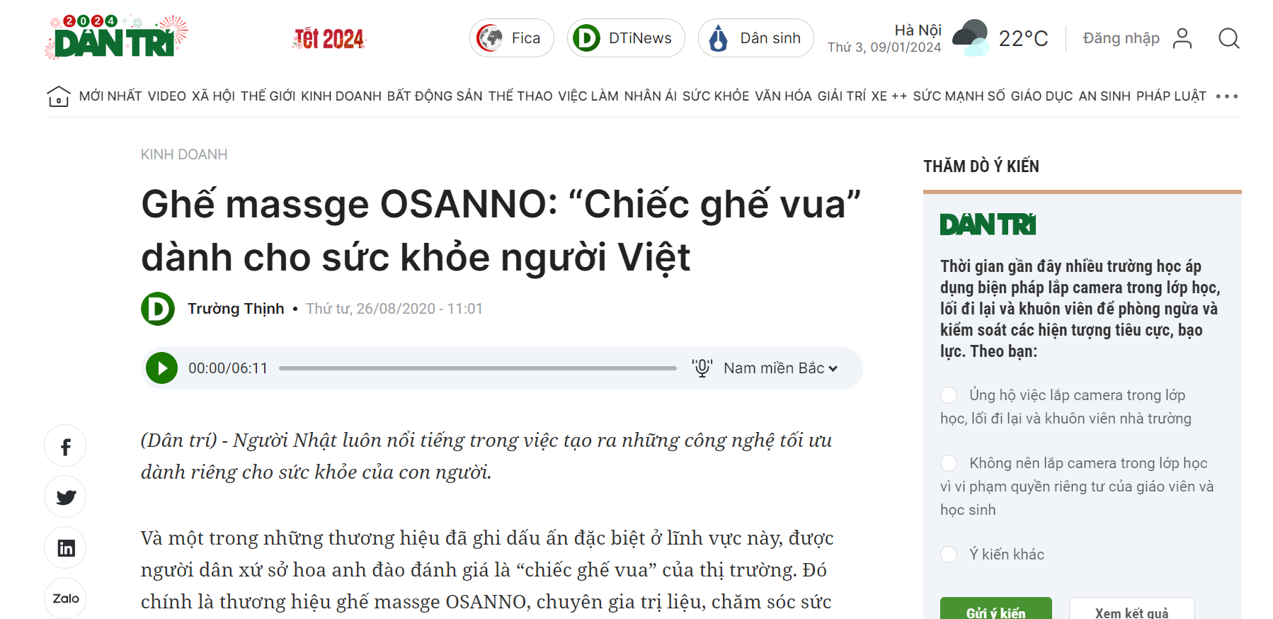 Báo Dân Trí đưa tin tốt về sản phẩm của Osanno