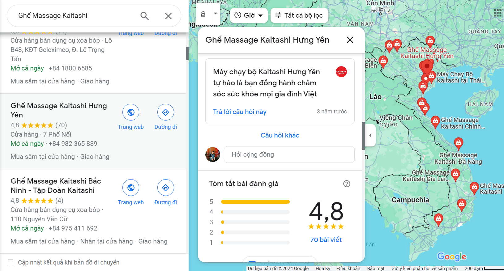 Đánh giá của khách hàng trên google map về Kaitashi khá cao