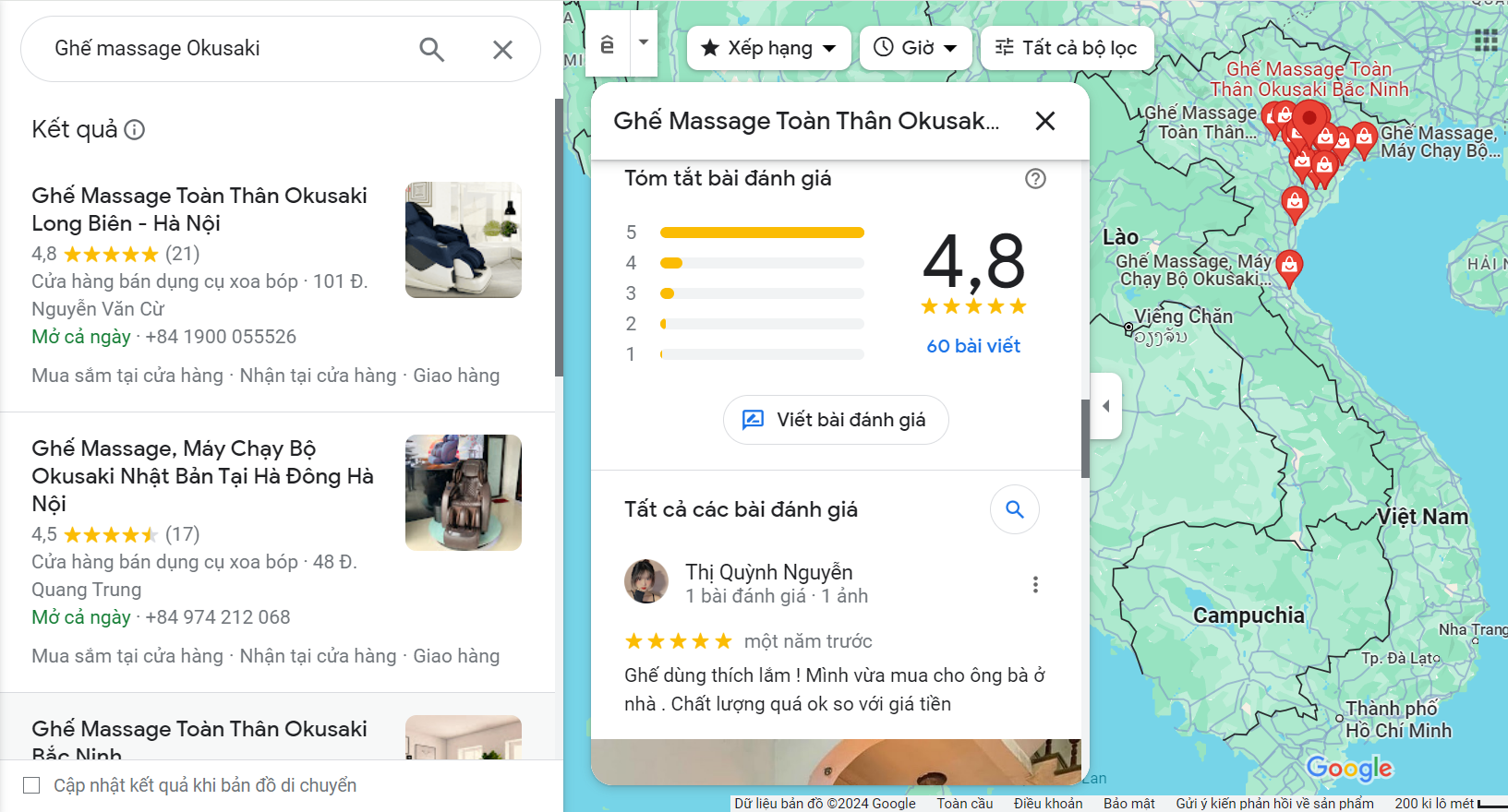 Nhiều khách hàng đánh giá Okisaki trên Google map