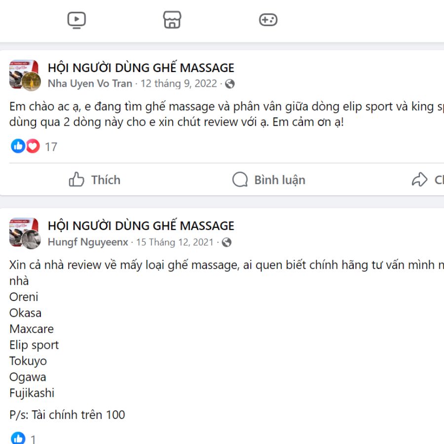 Đánh giá ghế massage Elip trên facebook